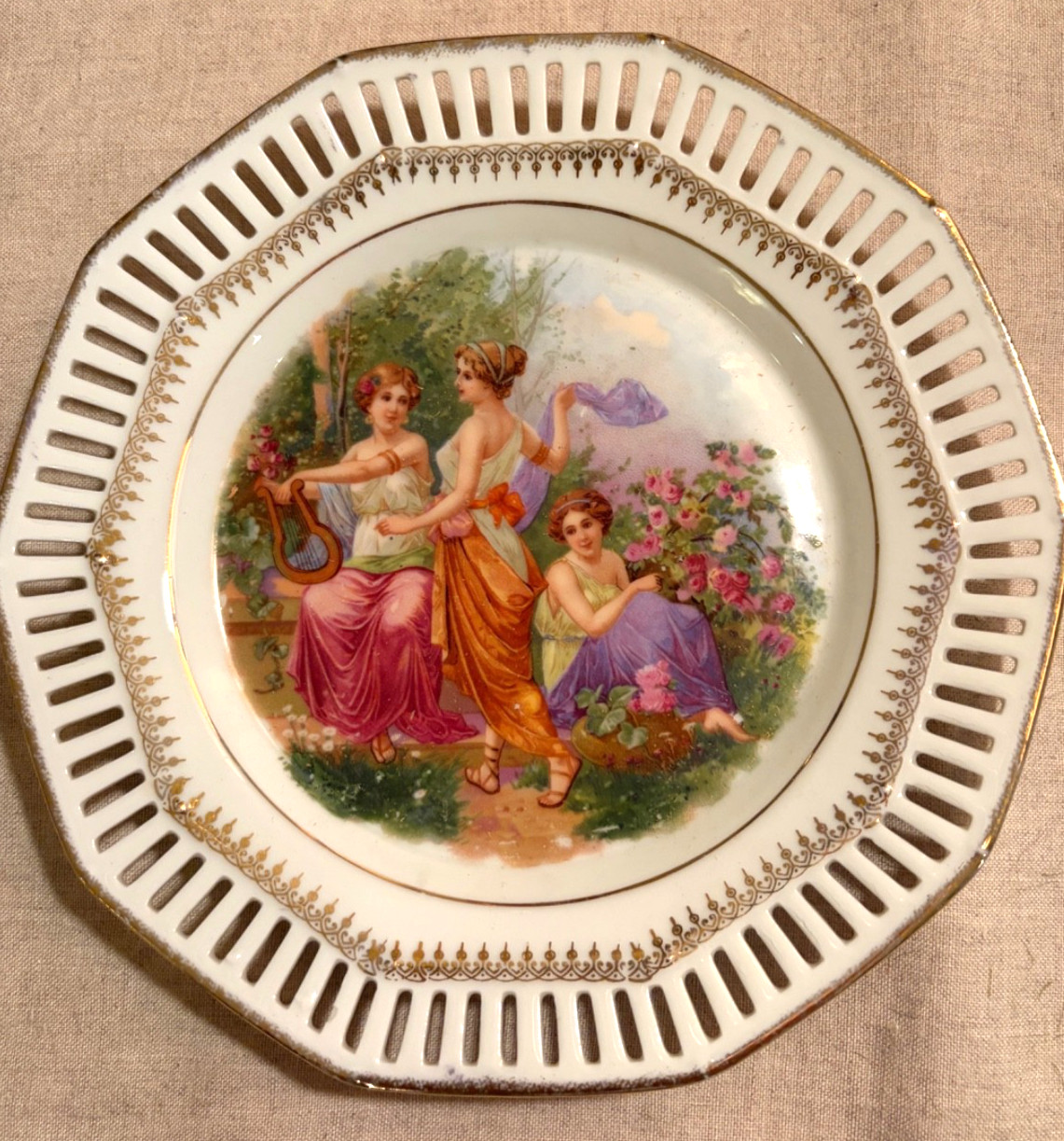 Antique Bavaria  Reticulated Porcelain Plate With Grecian Ladies