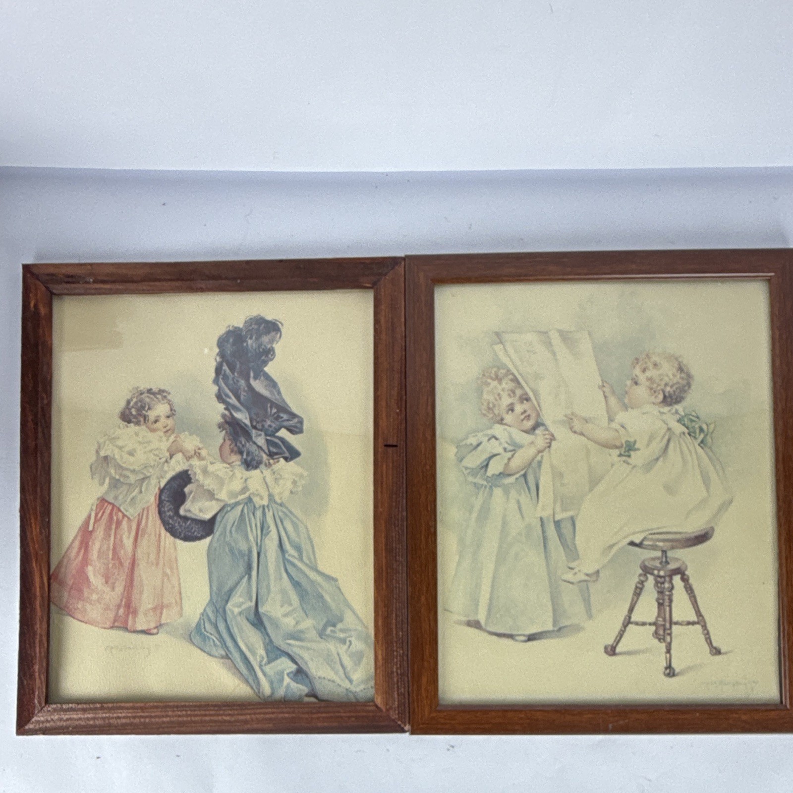 Vtg Maud Humphrey Framed Prints Pair Calling & News of the Day Victorian Art 