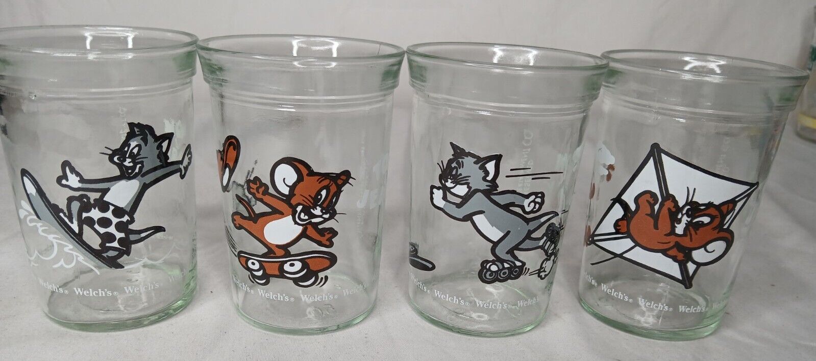 Vintage Cartoon 90\'s Welch\'s Tom and Jerry Jelly Jars (4) EXCELLENT COND 