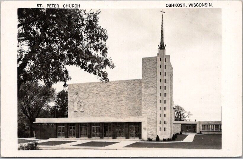 OSHKOSH, Wisconsin RPPC Real Photo Postcard ST. PETER CHURCH Street View c1960s
