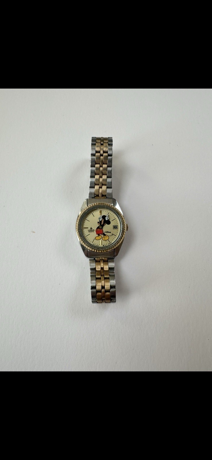Vintage 90s Lorus Mickey Mouse Stainless Steel Two Tone Watch Dead Battery