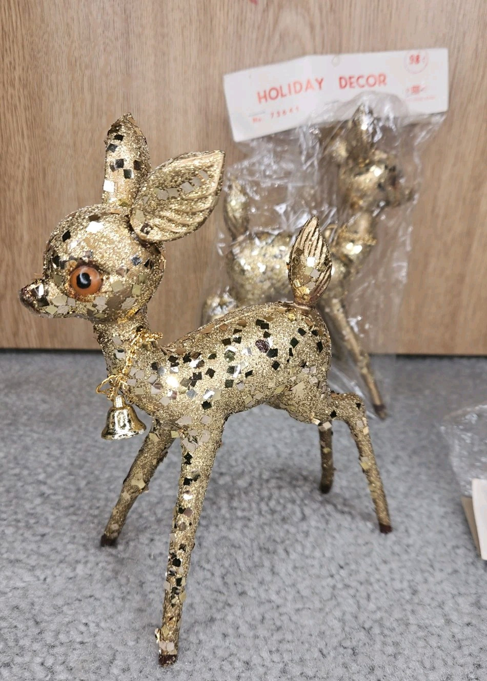 MCM Gold Glitter Hard Plastic Reindeer Deer W Bell Mid Century 7\