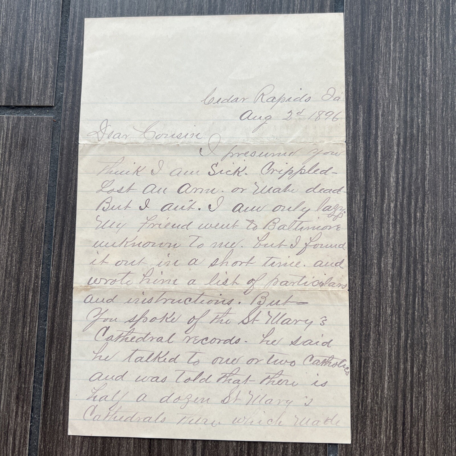 Antique 1896 Handwritten Cursive Letter Document Cedar Rapids Iowa