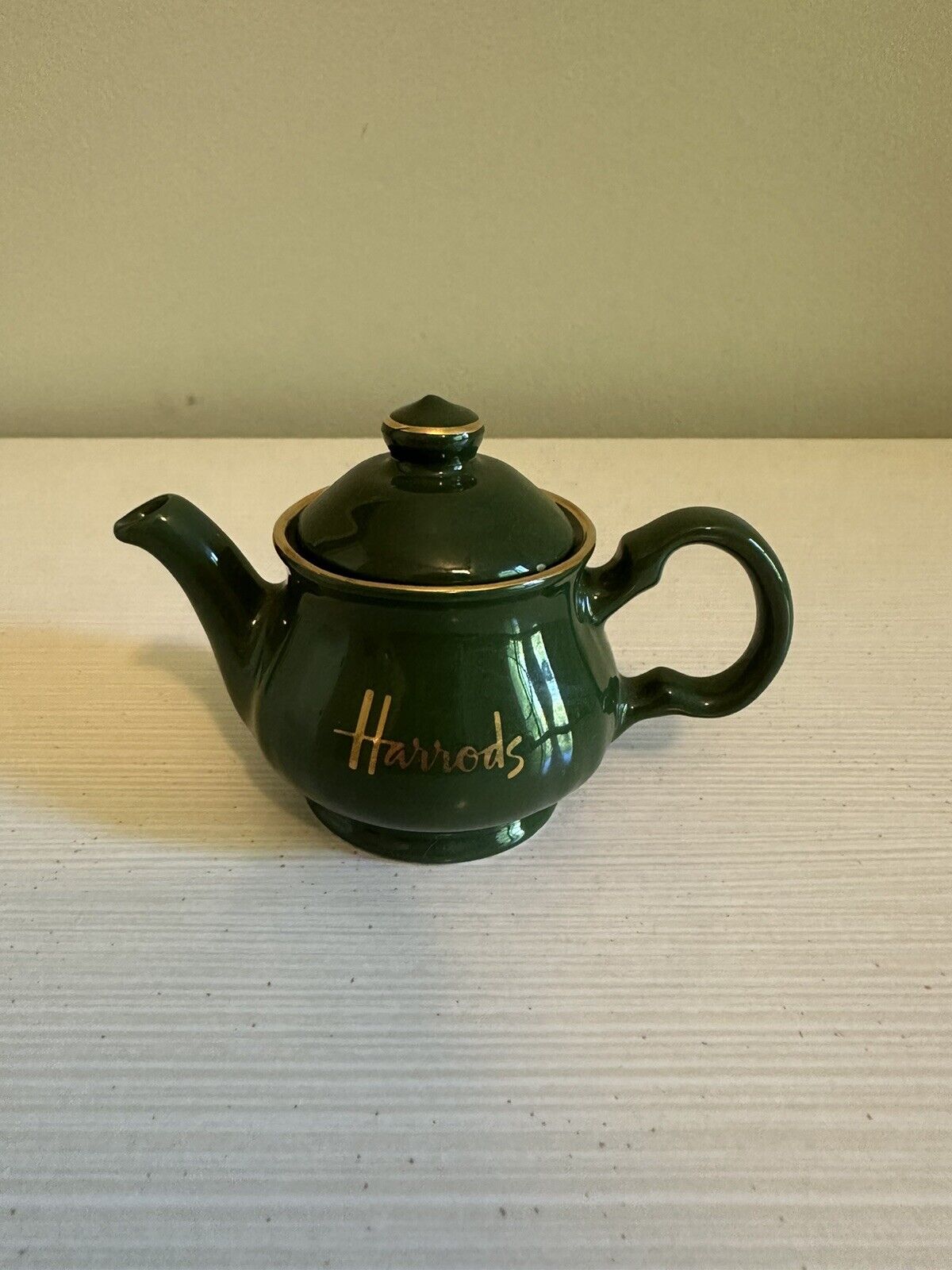 Vintage HARRODS Green & Gold Miniature Teapot James Sadler & Sons 