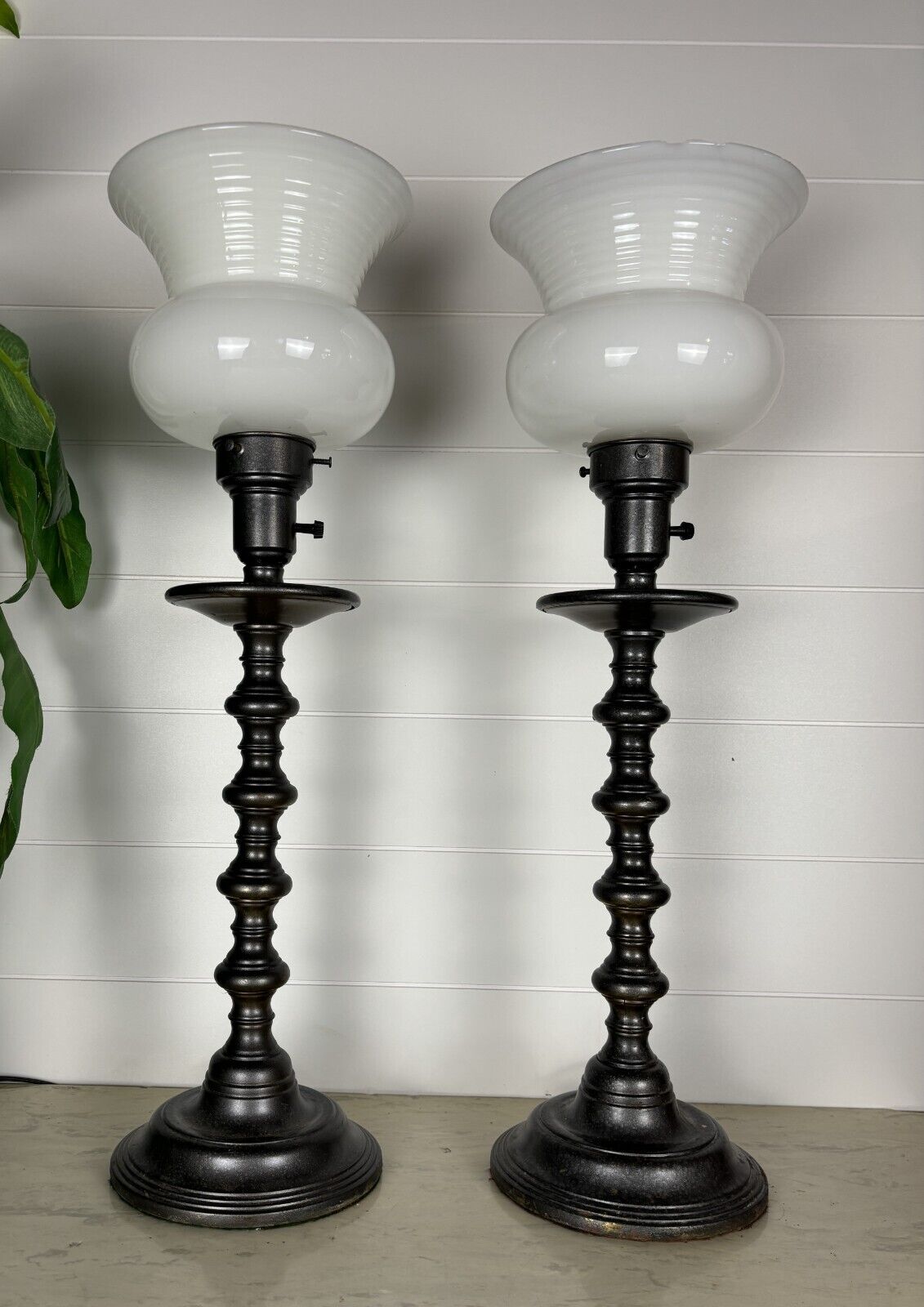 Vintage Pair Column Torchiere Buffet Table Lamps White Milk Glass Metal Mantle