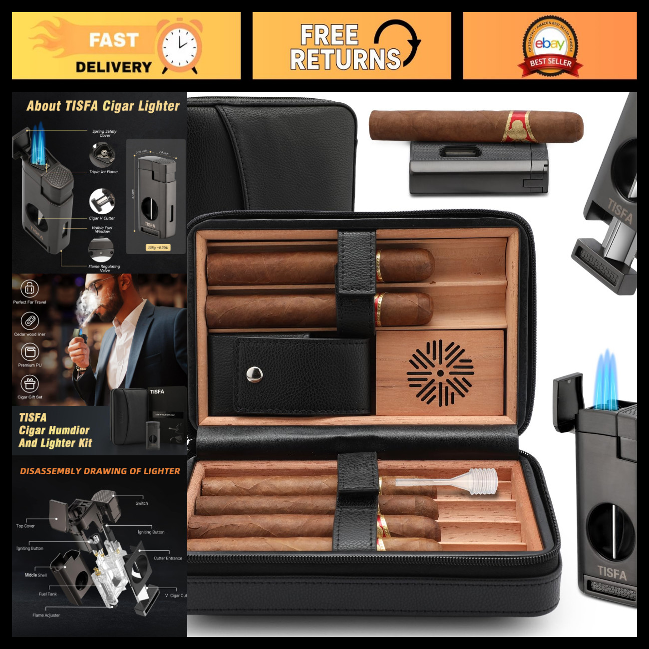 Portable Leather Cedar Wood Cigar Humidor Case with Lighter & Cutter - 3 in 1