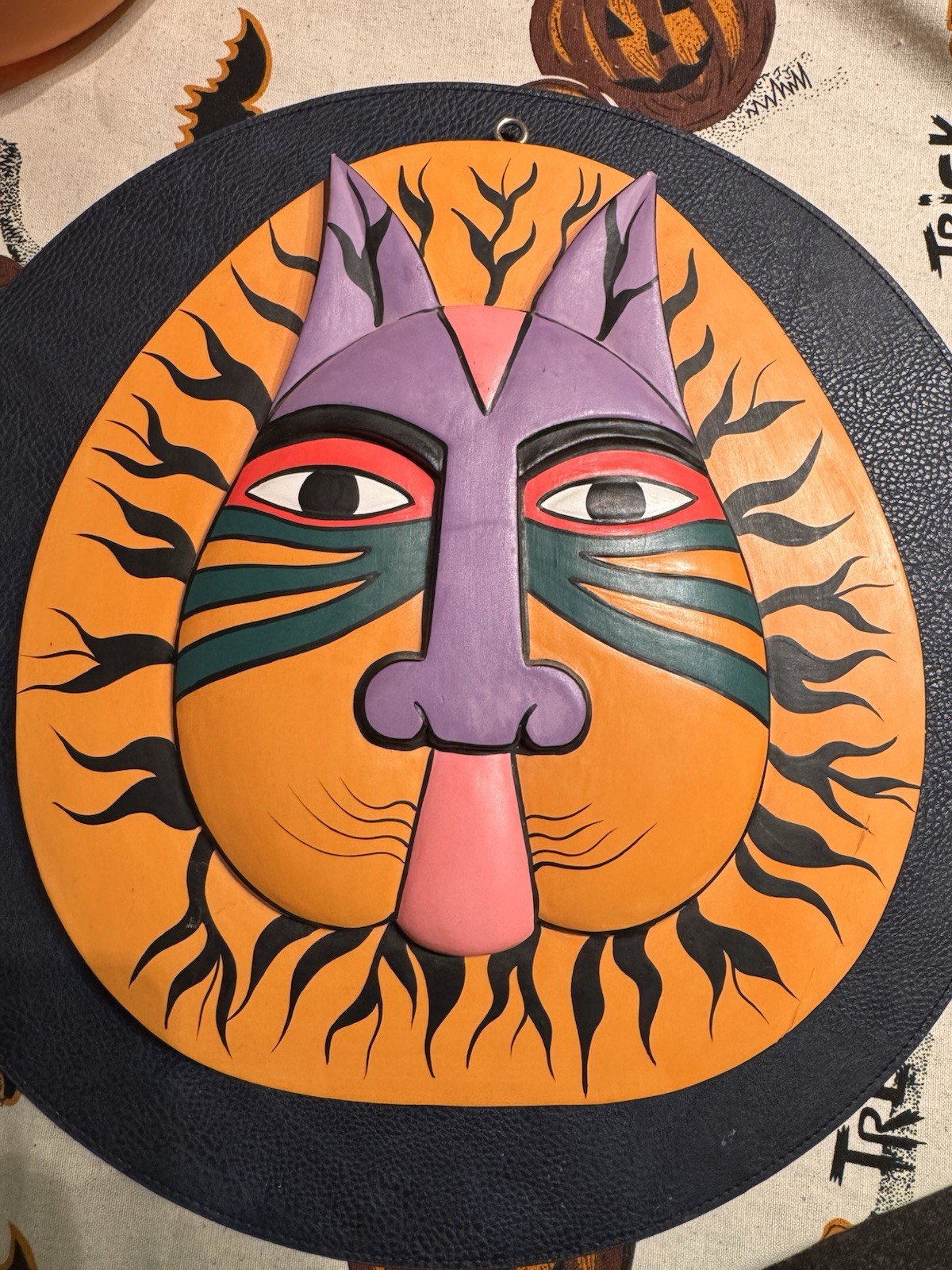 VTG Laurel Burch Style Large CAT FACE Mask Wall Art Hand Carved Painted Bali
