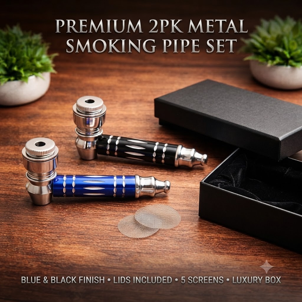 Premium Metal Smoking Pipe Set - 2 Pack Blue & Black Finish Pipes w/Lids Screens