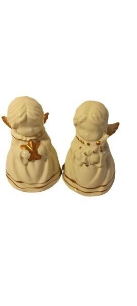 GIFTCO SET OF 2 PORCELAIN BELLS HAND PAINTED ANGELS WHITE GOLD TRIM VINTAGE