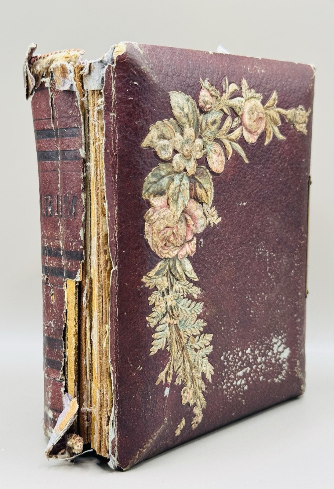 Antique Family Photo Album Floral Design Felt Covered Primitive