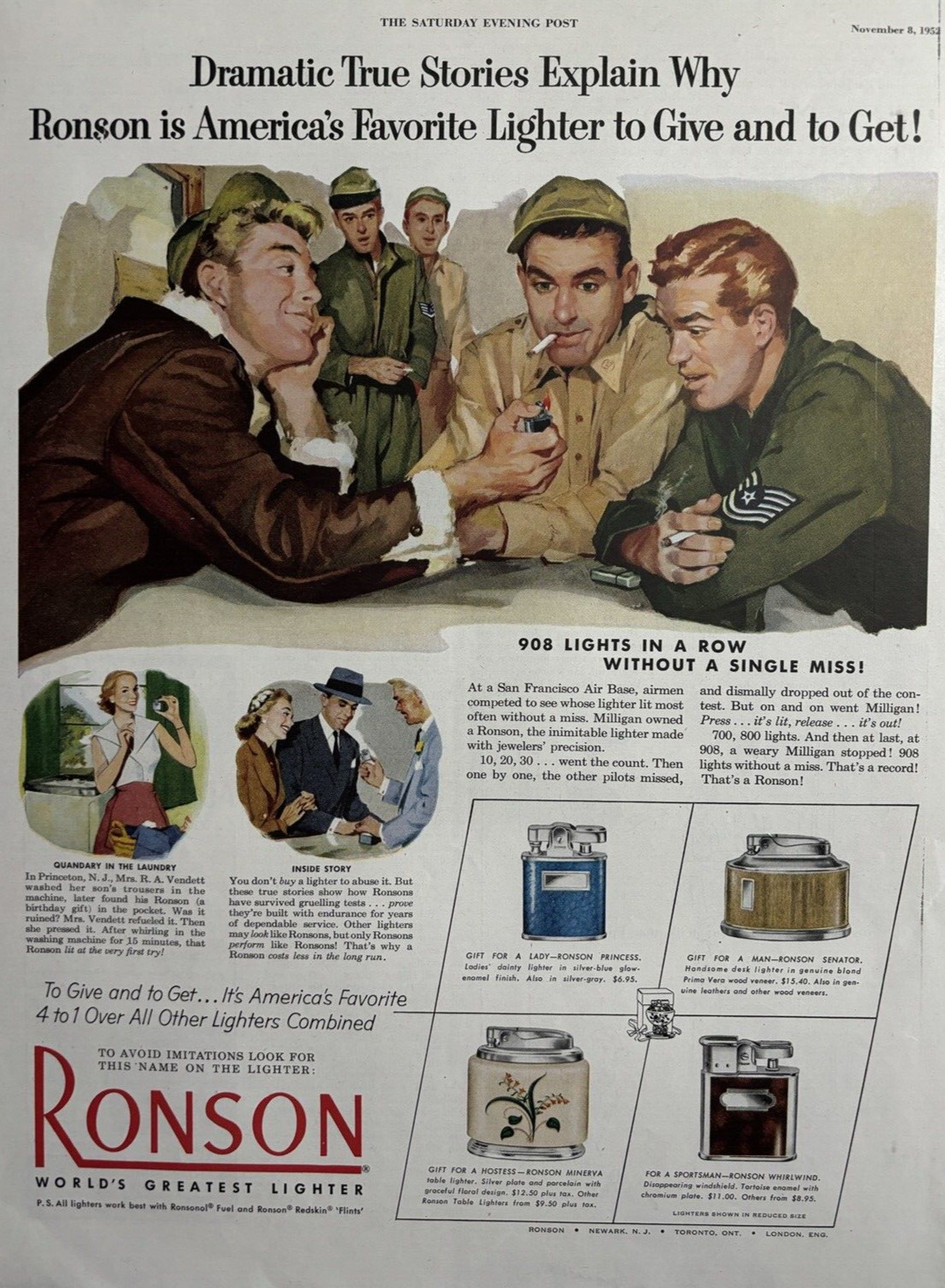 1952 Ronson Worlds Greatest Lighters Princess Senator Minerva Vintage Print Ad