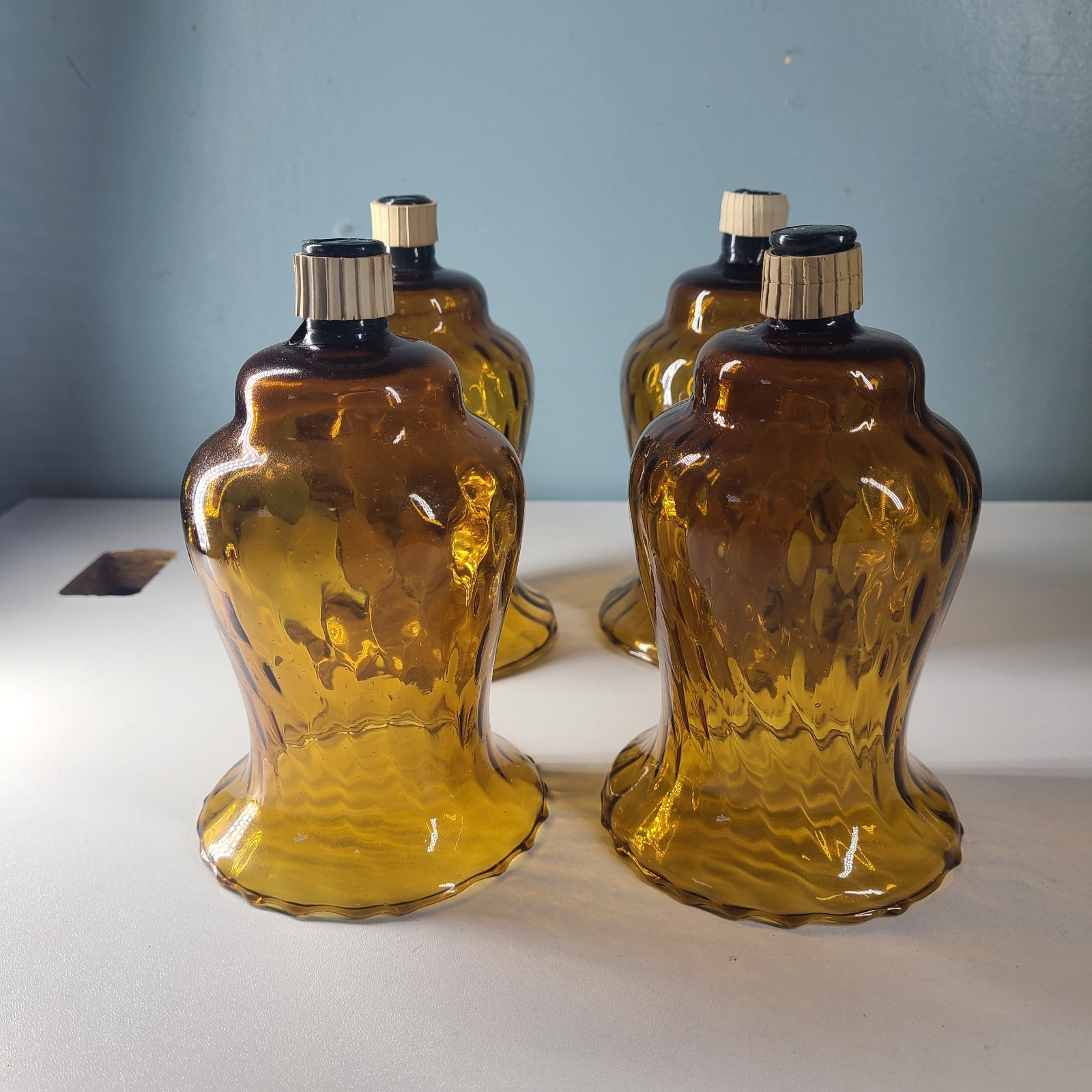 Set of 4 Amber Glass Peg Votive Candle Holders Ribbed Vintage Hand Blown Set of 4 Amber Glass Peg Votive Candle Holders Ribbed Vintage Hand Blown