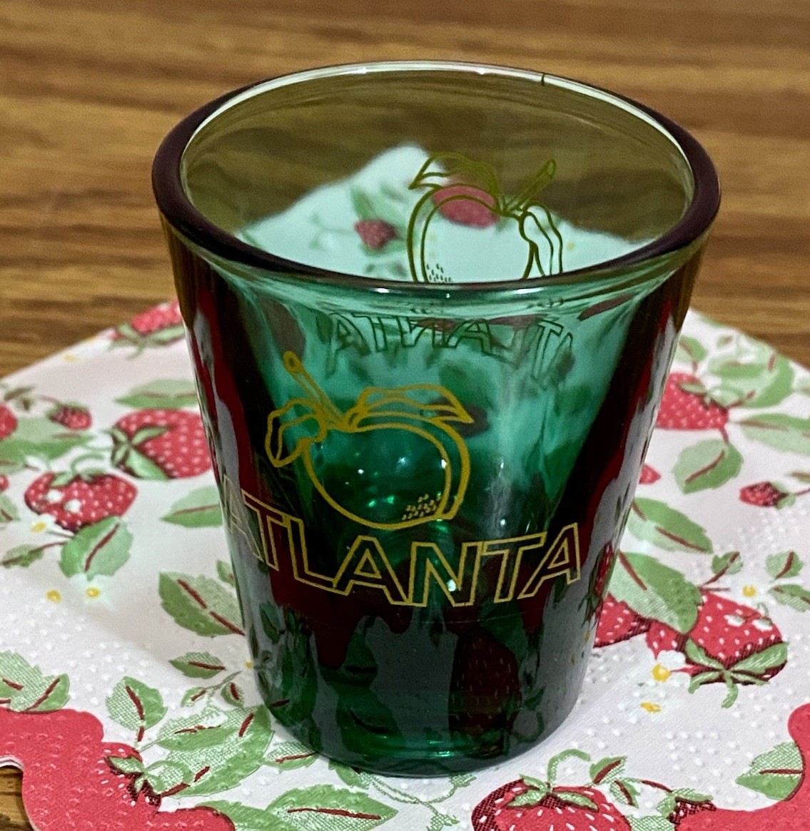 Vintage Minimalist Atlanta Peach Souvenir Shot Glass Pretty Dark Emerald Green