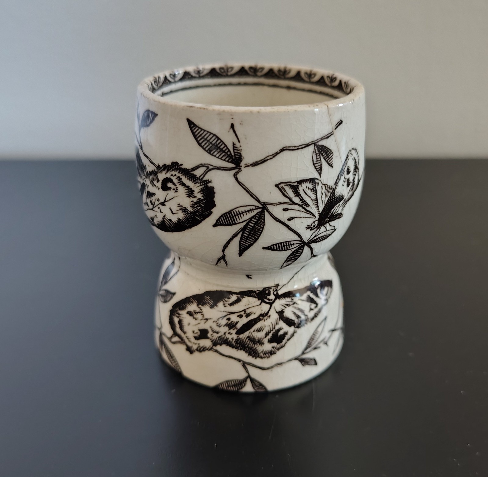 Antique 1890s SARREGUEMINES FRANCE CARMEN BROWN TRANSFERWARE EGG CUP INSECTS