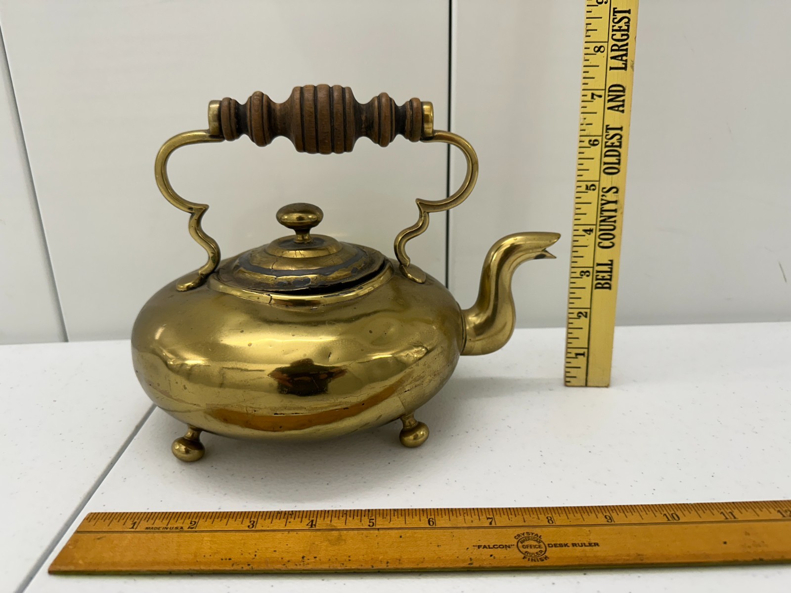 Vintage Victorian Style Brass Tea Kettle – Feet & Amber Glass Handle - Prop