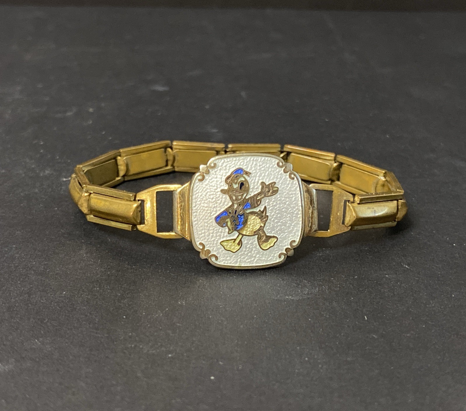 Vtg 70s 80s Disney Donald Duck Enamel Gold Tone Expansion Bracelet 5-1/4”