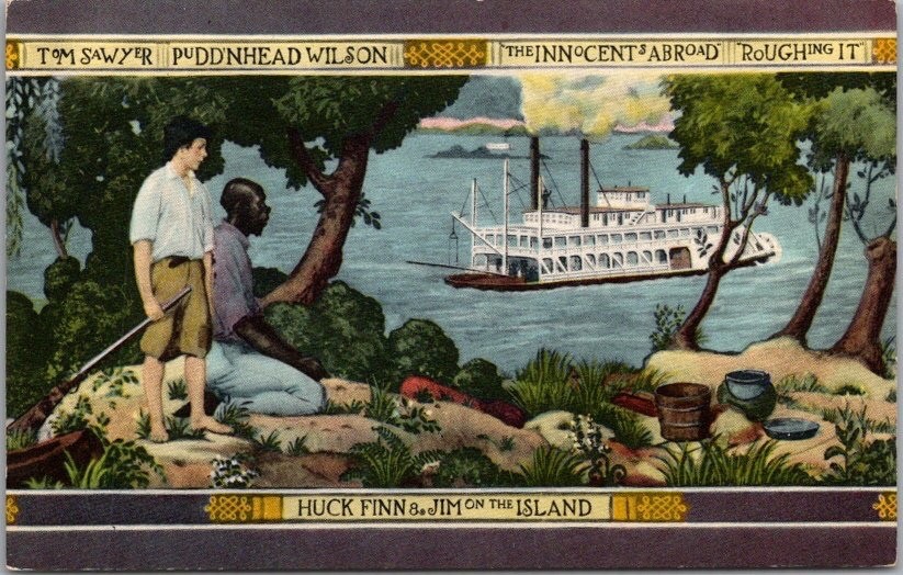 c1950s ELMIRA, NY Postcard MARK TWAIN HOTEL / Huck Finn Mural / Curteich Smooth