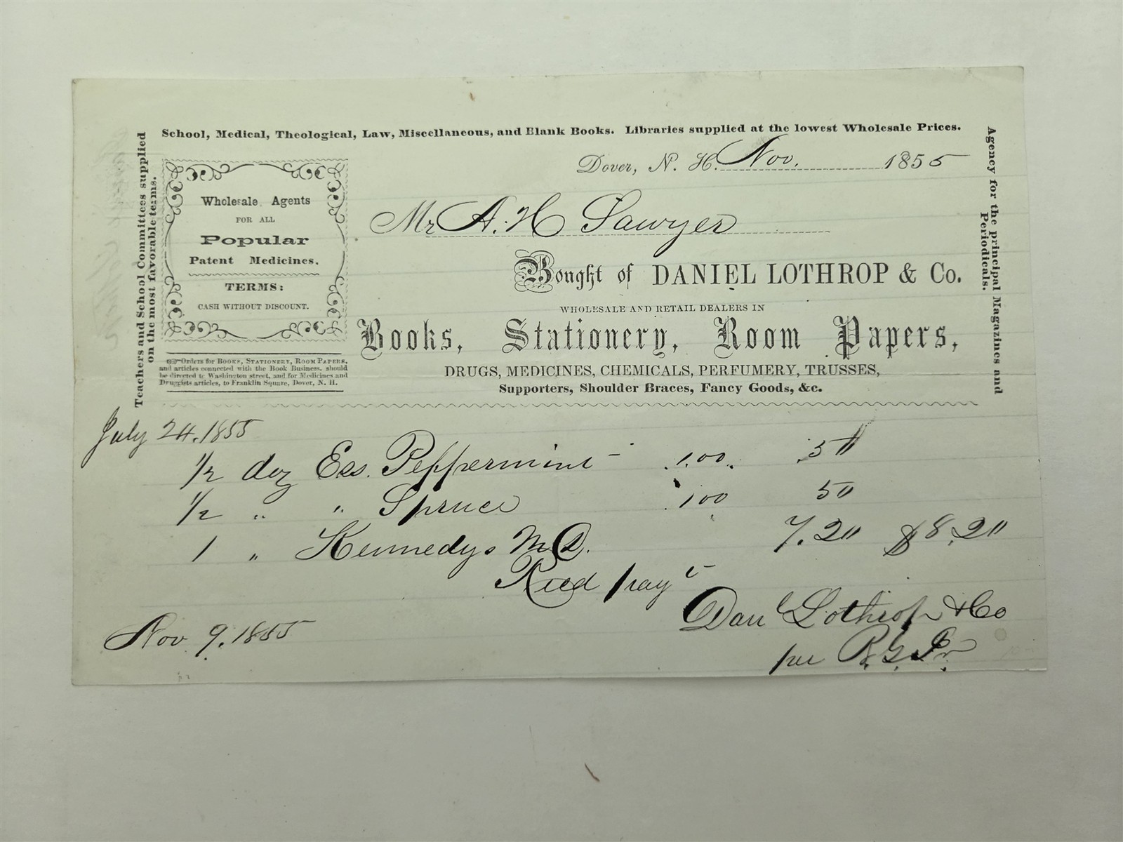 1855 antique DANIEL LOTHROP & CO dover nh BOOKS DRUGS MEDICINES PERFUME billhead