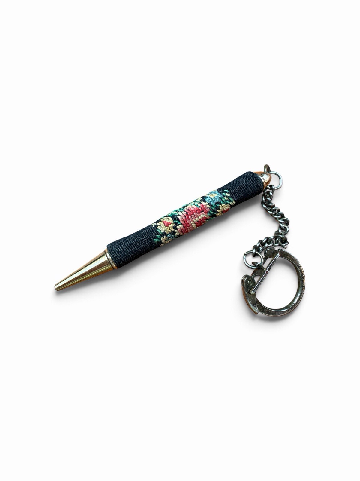 Antique Victorian Mechanical Petit Point Floral Pencil Pendant Keychain Germany
