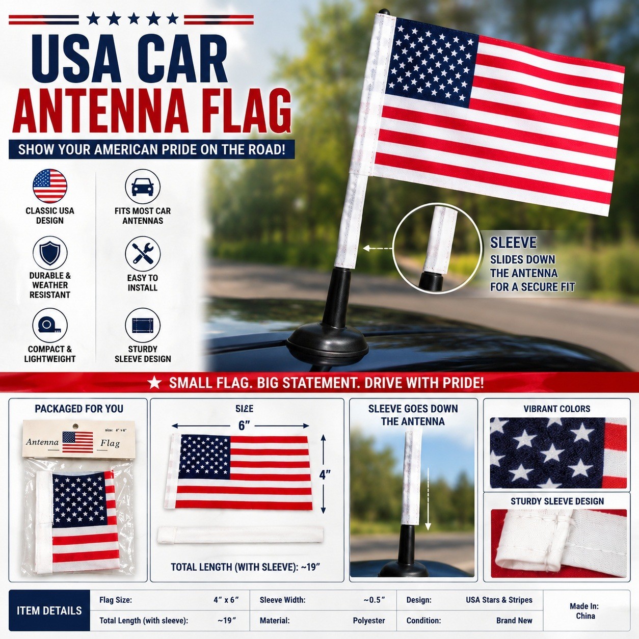 USA Car Antenna Flag 4x6 American Stars and Stripes Durable Polyester Sleeve