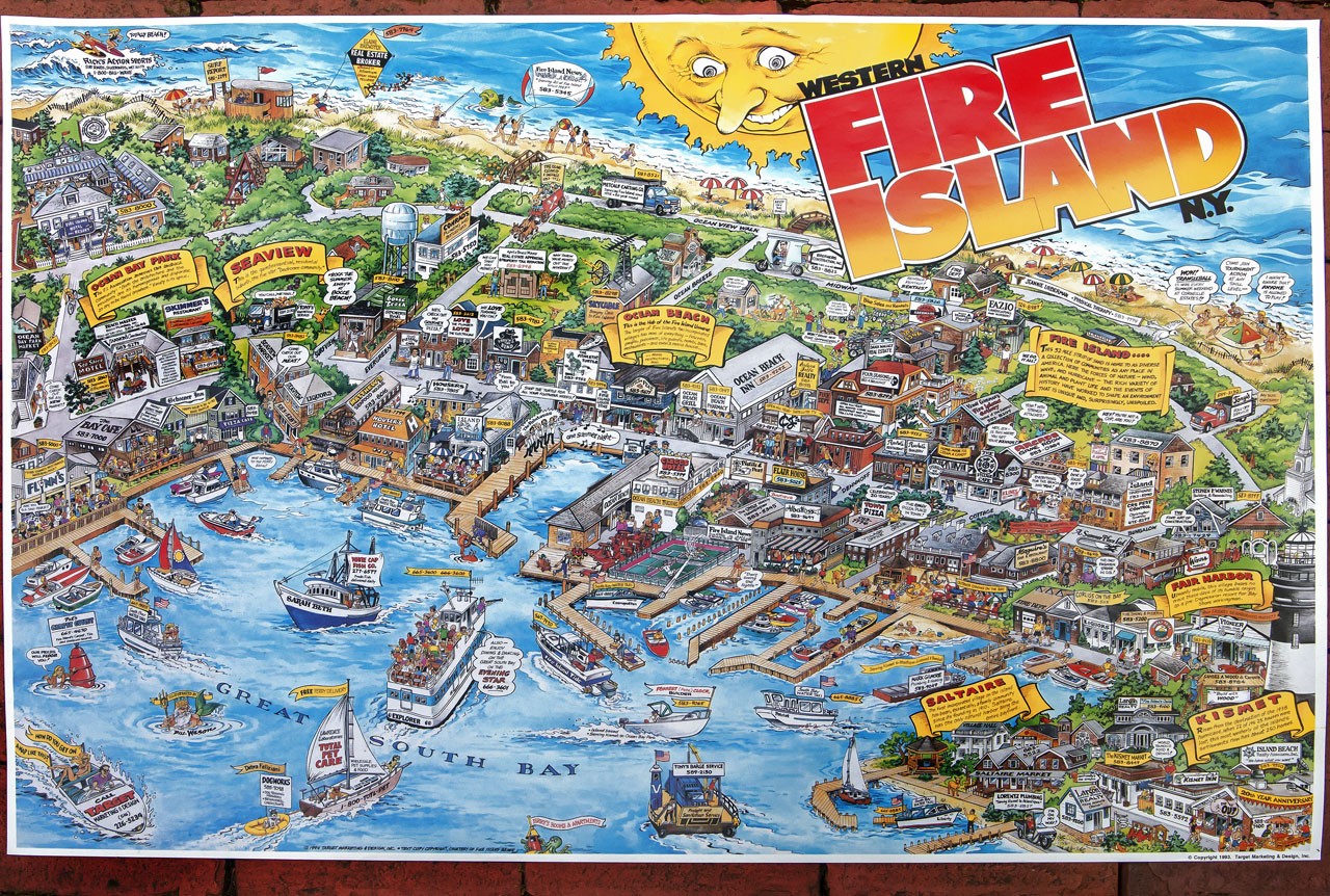 FIRE ISLAND WEST-Long Island Illustrated Cartoon Map 1993-FREE SHIPPING