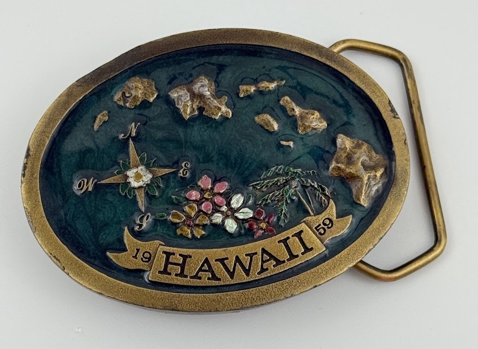 Hawaii Map Brass Belt Buckle Enamel Islands Indiana Metal Craft Molokai Oahu