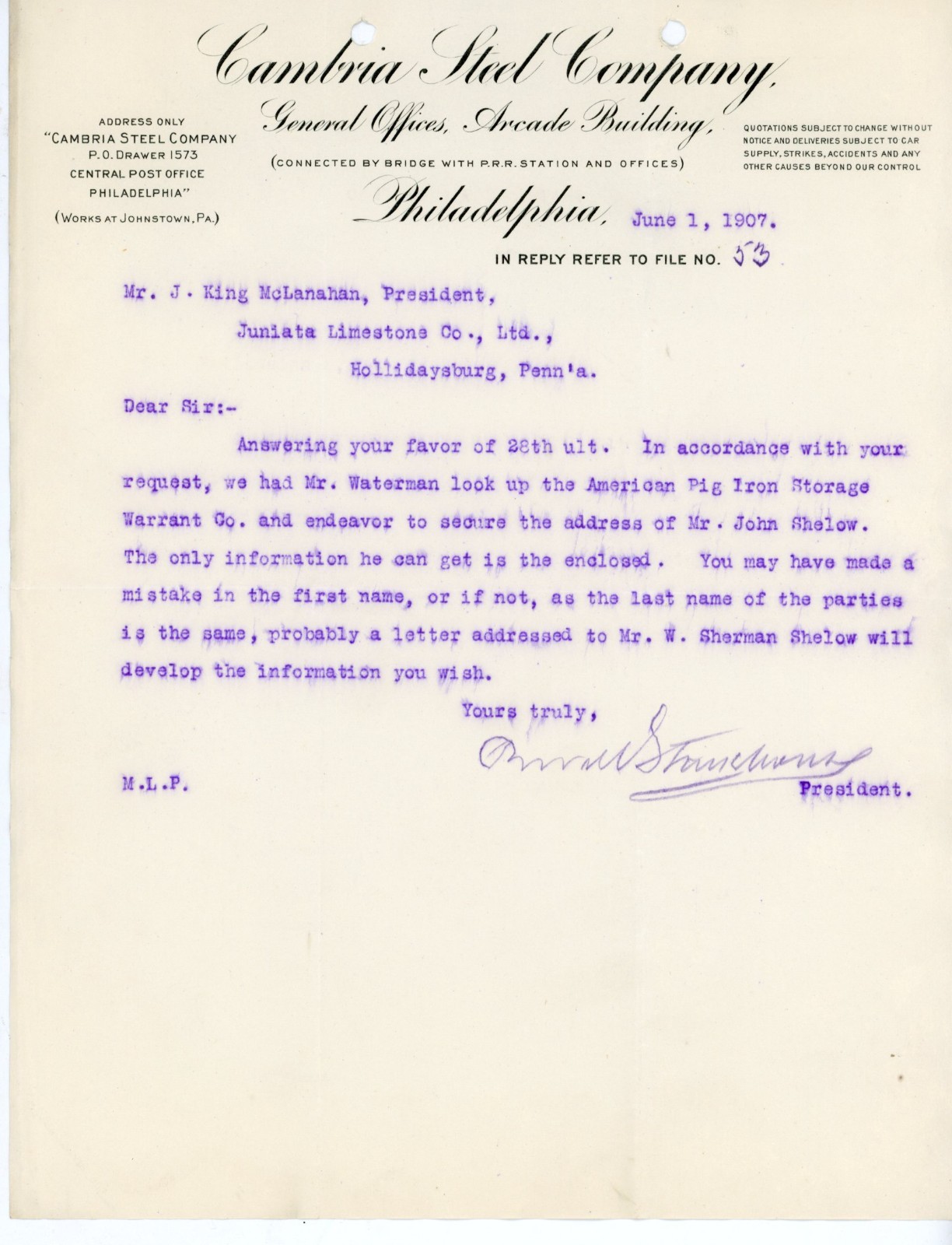 1907 Cambria Steel Co Letterhead Philadelphia PA Juniata Limestone Johnstown