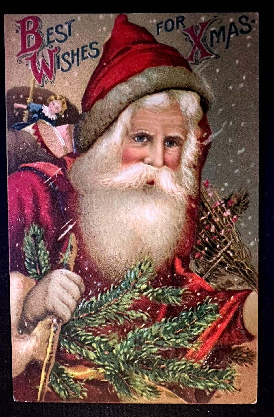Santa Claus with Pine Branches~Doll~Snow~Vintage~Christmas Postcard-r651