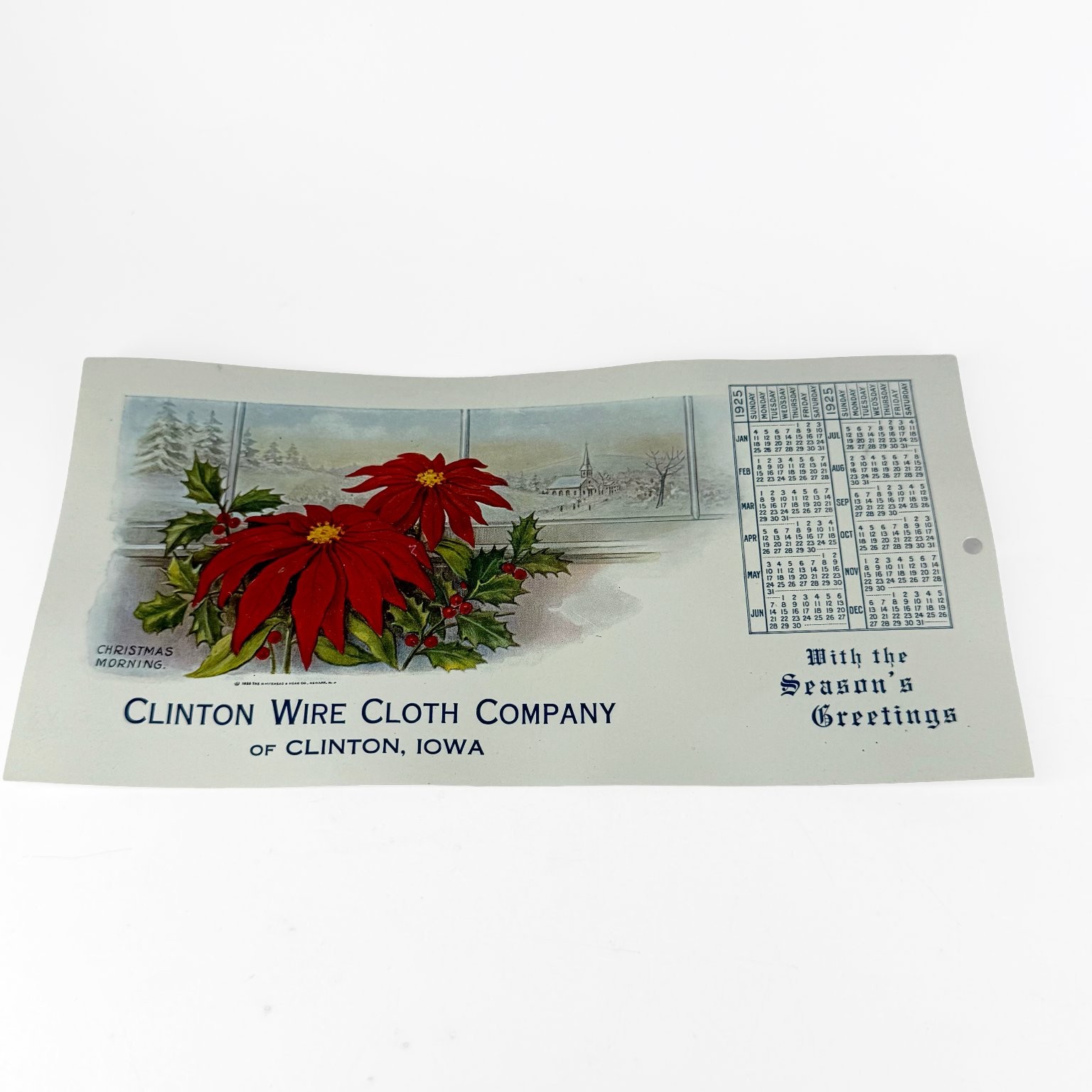 1925 Clinton Wire Cloth Company Advertising Calendar Christmas Poinsettia Iowa