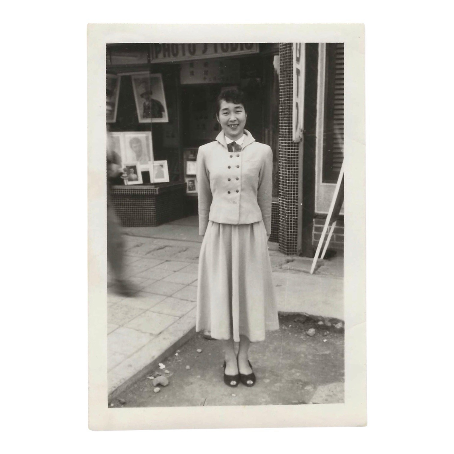 Vintage Snapshot Photo Woman Outside Photo Studio Fashion 1950s