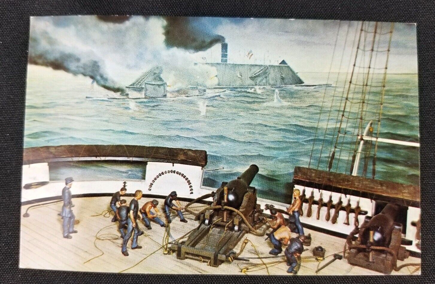 Monitor & Merrimac Battle of Mobile Bay Canons On Deck Lusterchrome Postcard