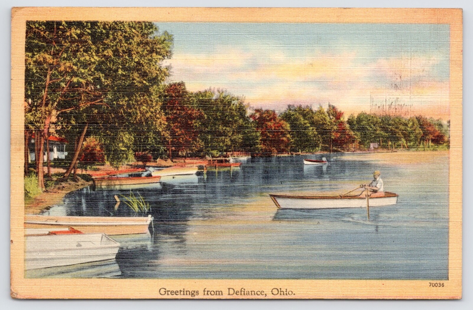 c1948 Greetings From Defiance Ohio Vintage OH Boating Fishing Scene Postcard