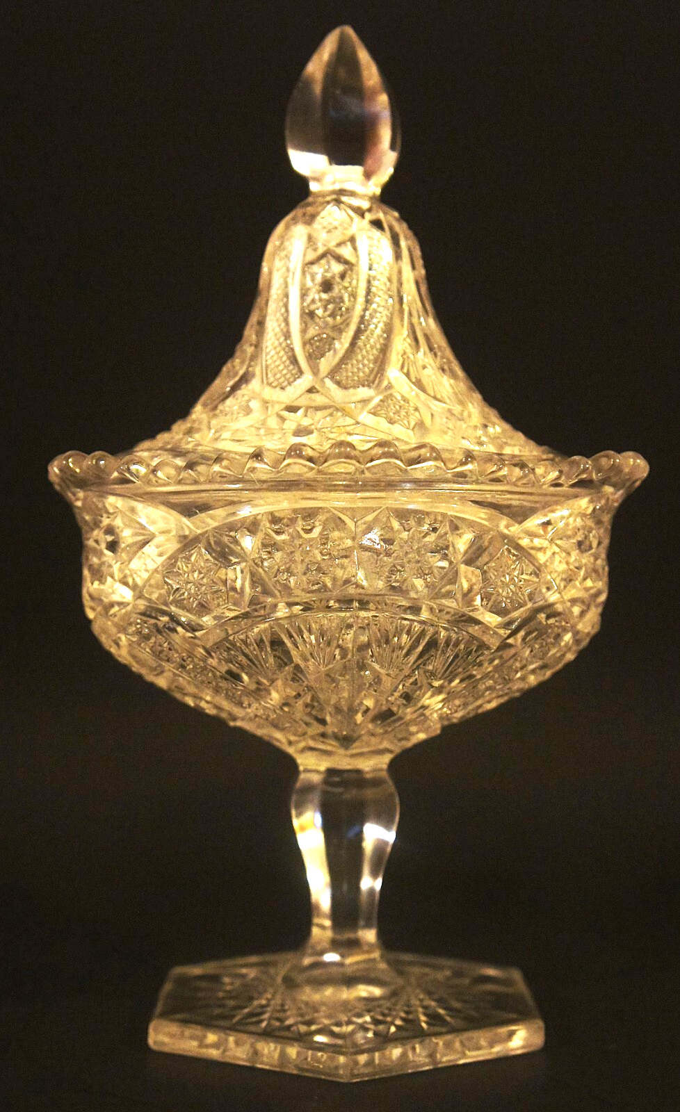 Antique 1908 Imprial Glass Deep-Cut Lidded Sheaf Leaf Pedestal Compote Dish