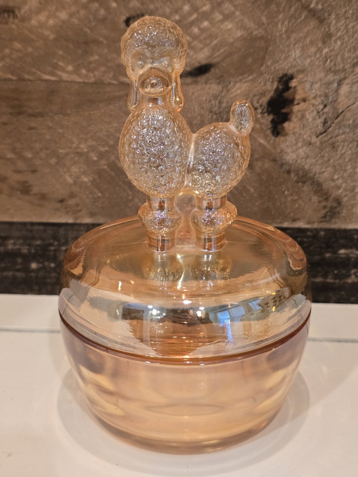 Vintage 40s Carnival Glass Poodle Powder Jar Trinket Box Iridescent Jeanette