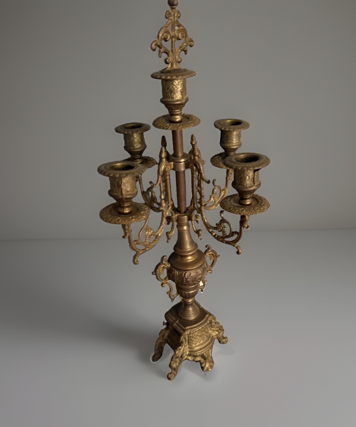 Large Rococo Ornate Brass 5 Arm Candelabra Candlestick & Antique Style 20”x8”