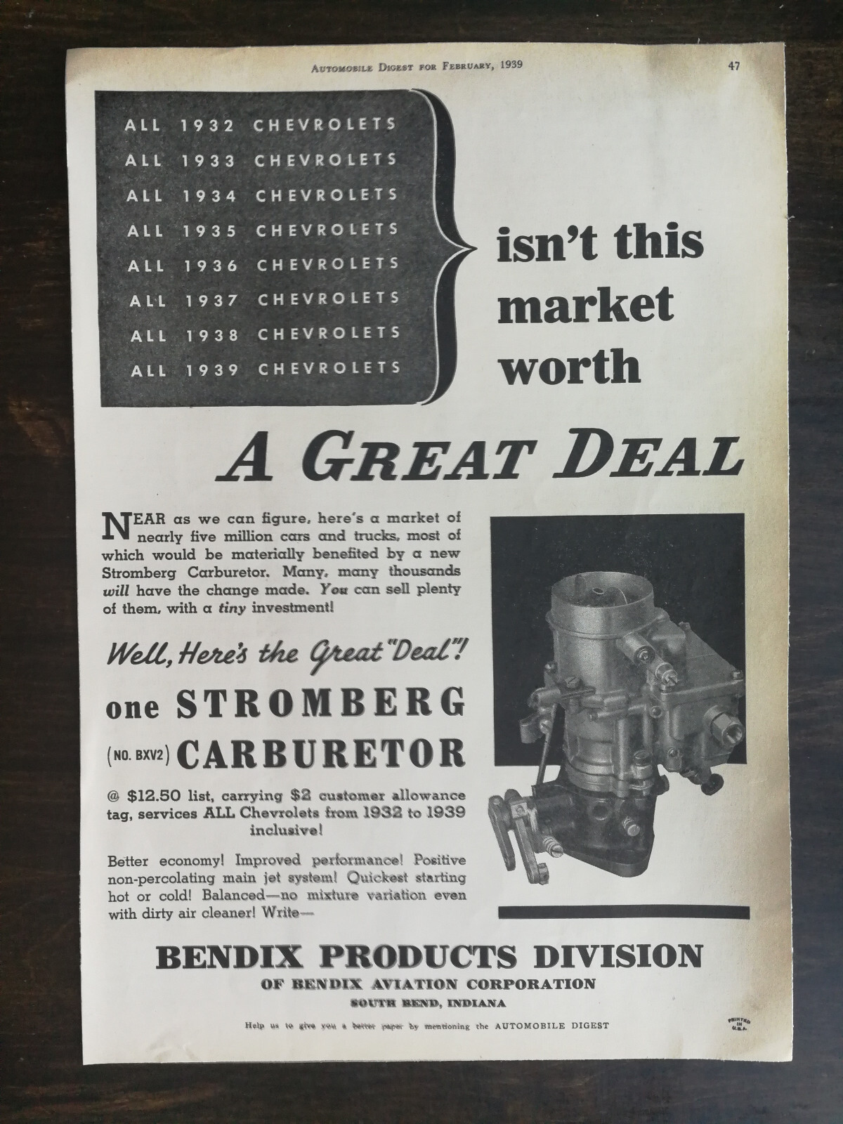 Vintage 1939 Bendix One Stromberg Carburetor Full Page Original Ad 622