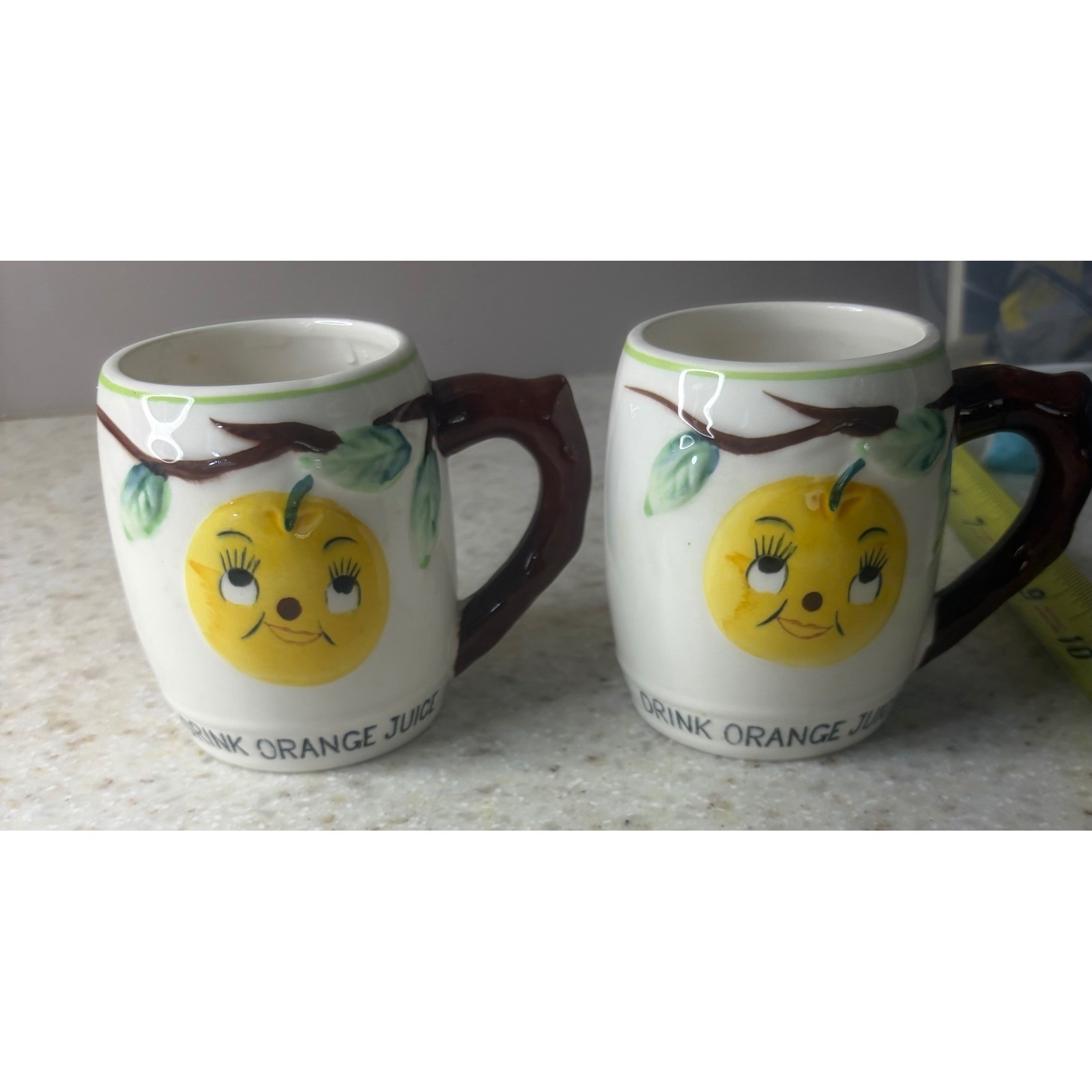 Vintage Japan Anthropomorphic Orange Juice Mugs Set of 2 Ceramic Kitsch Minicups