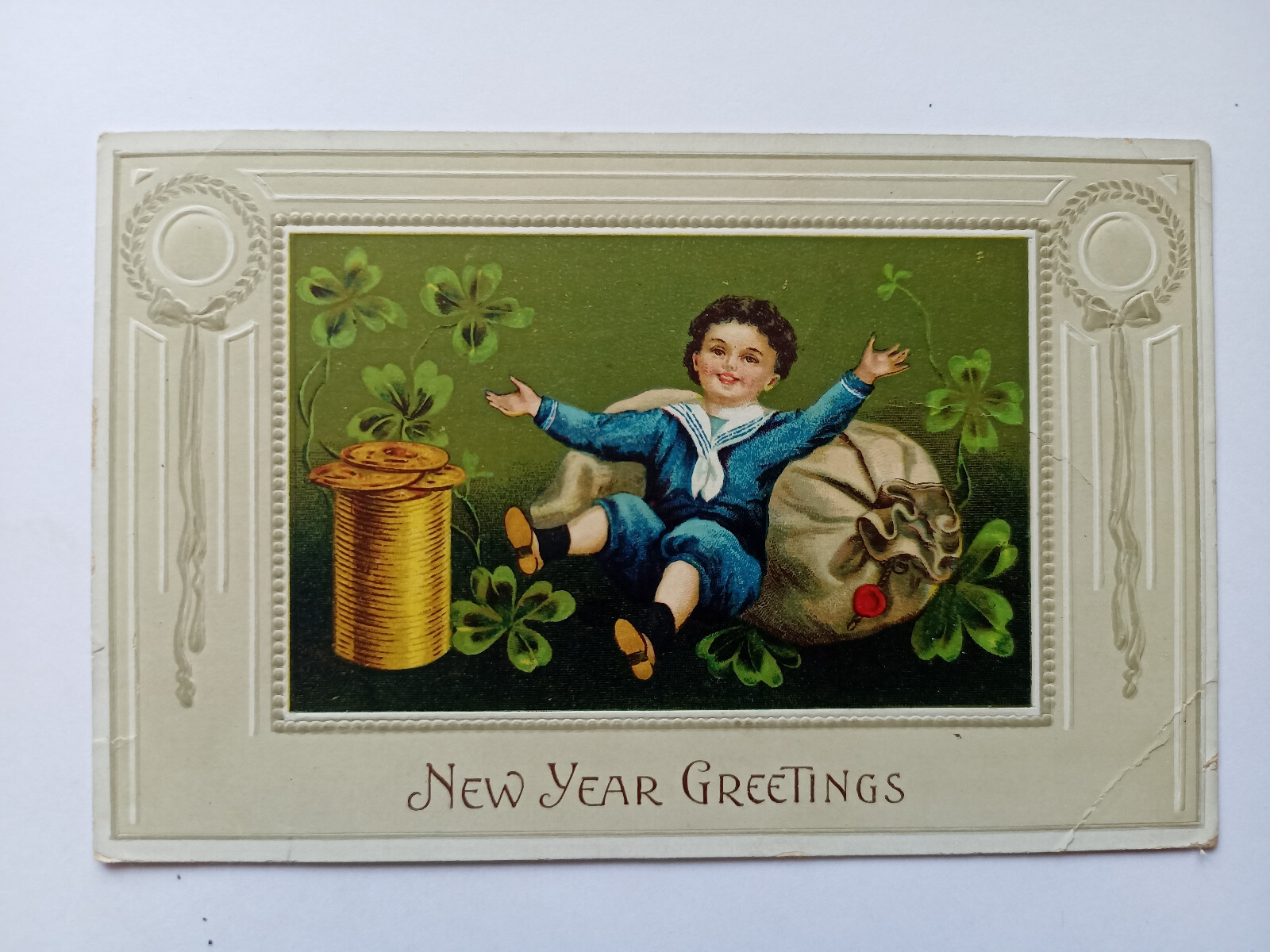 1913 New Year Greetings Boy In Blue With Lucky Clover Money Postcard Antique