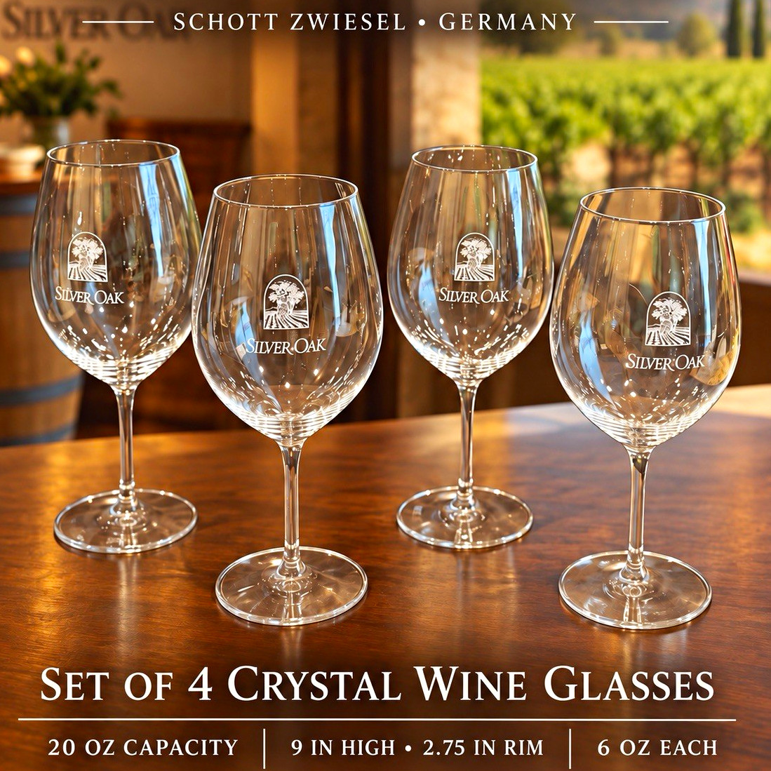 Silver Oak Cellars Crystal Logo Stemmed Wine Glasses Set of 4 Clear 20oz 9in