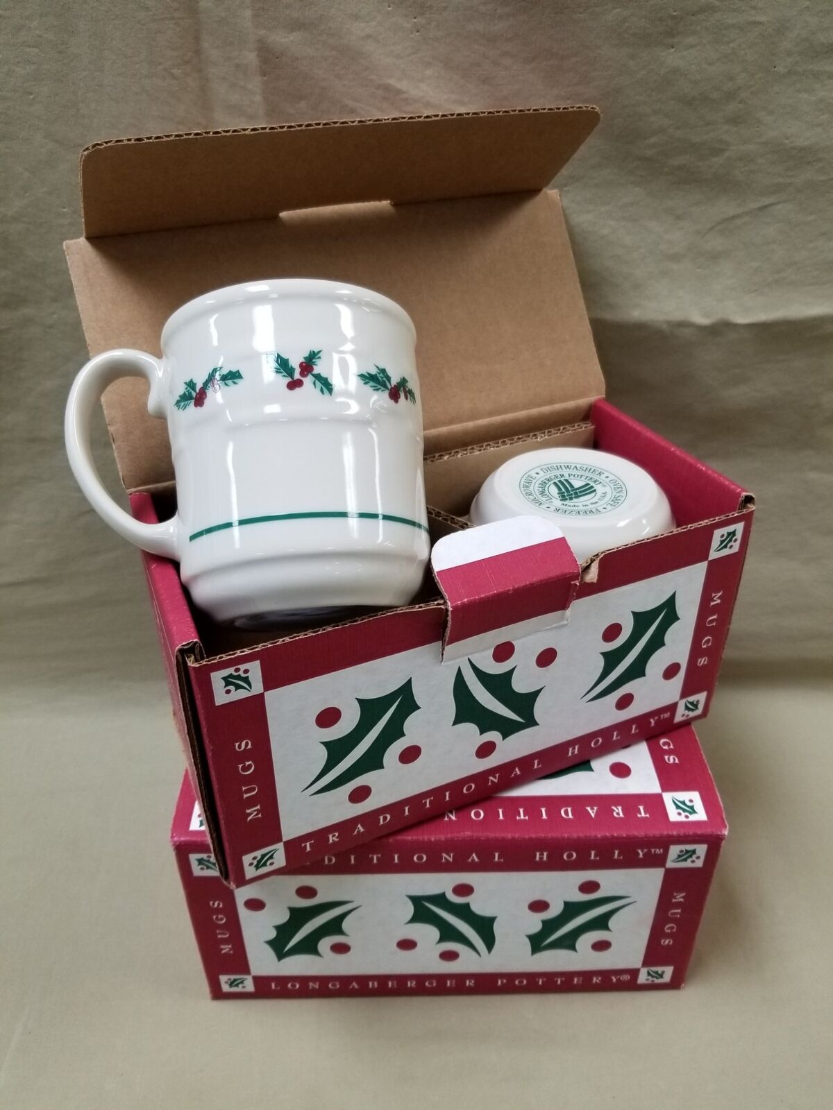 Set of 4 Longaberger Pottery Traditional Holly Christmas Coffee Mugs USA
