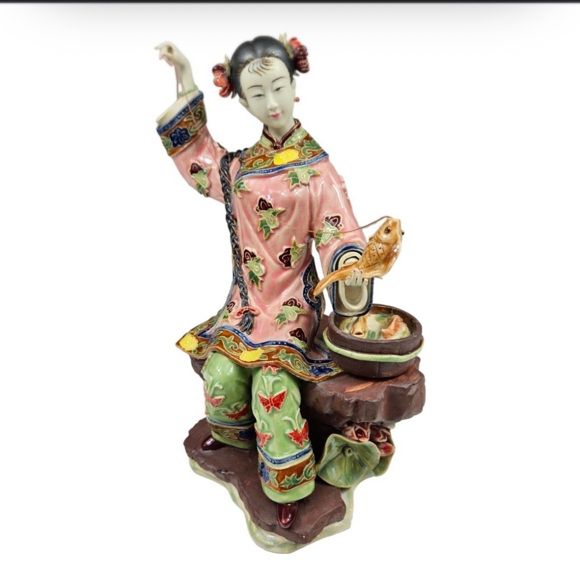 Vintage Shiwan  Wucai Porcelain chinese lady fishing signed