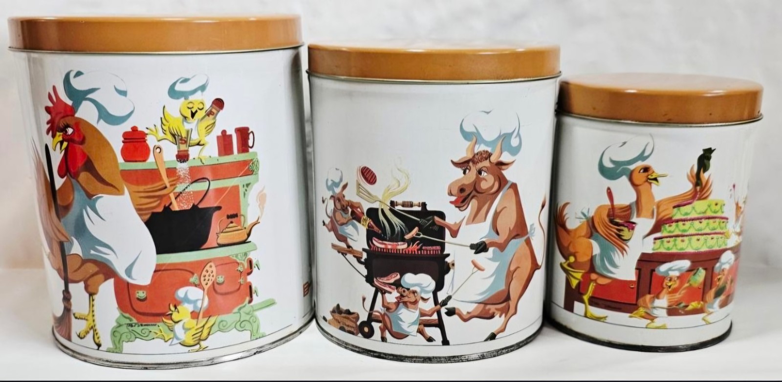 Vtg Whimsical Tin 3 Pc Nesting Canister Set Rare Cartoon-Style Farm Animal Illus