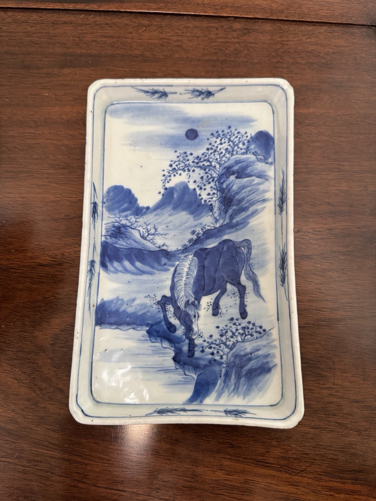 Vintage Japanese Blue & White Porcelain Rectangular Tray Hand Painted Horse