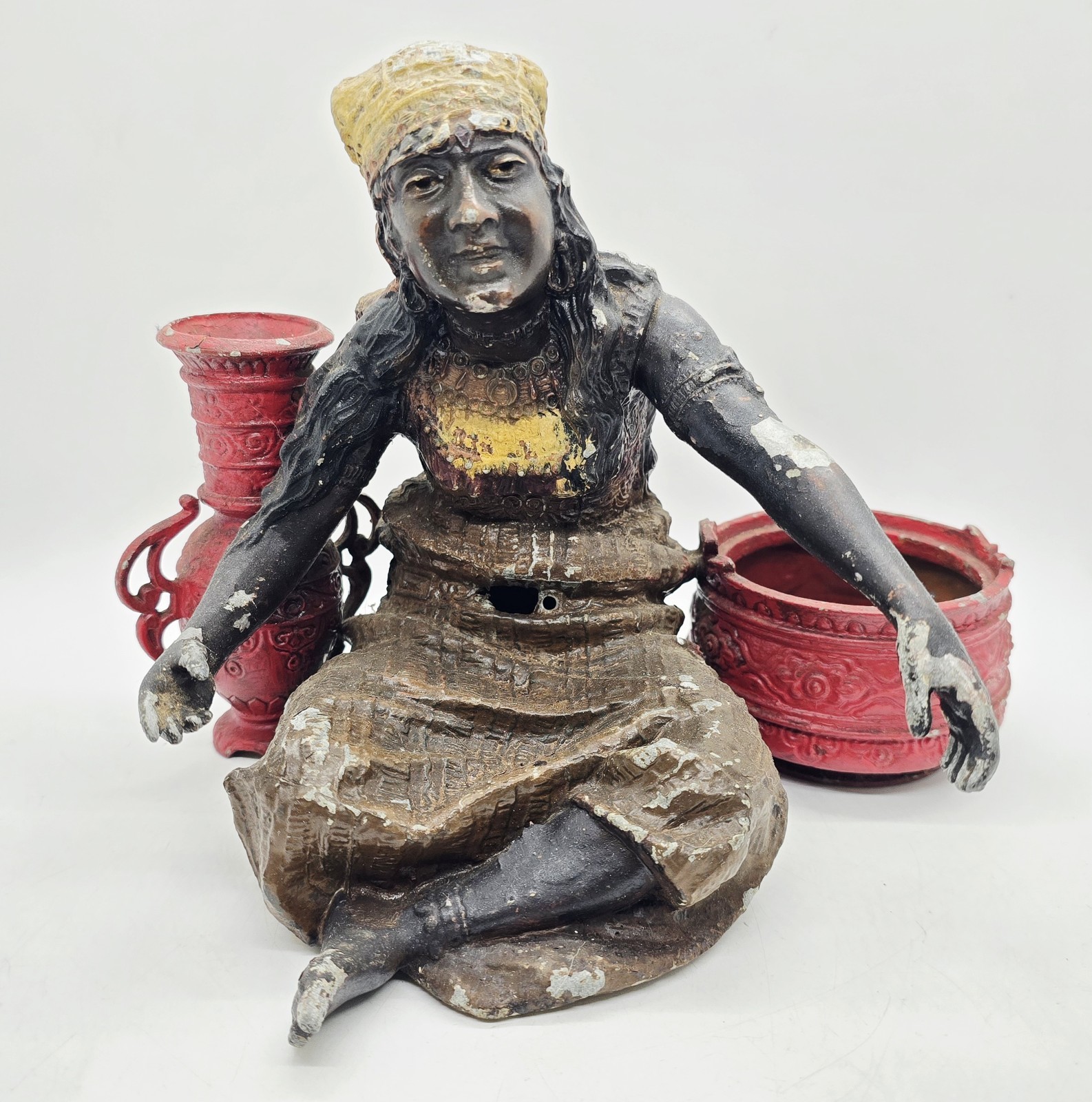 ANTIQUE DECORATIVE ARTS GYPSY COLD PAINTED SMOKING SET ~ BRONZE AND SPELTER