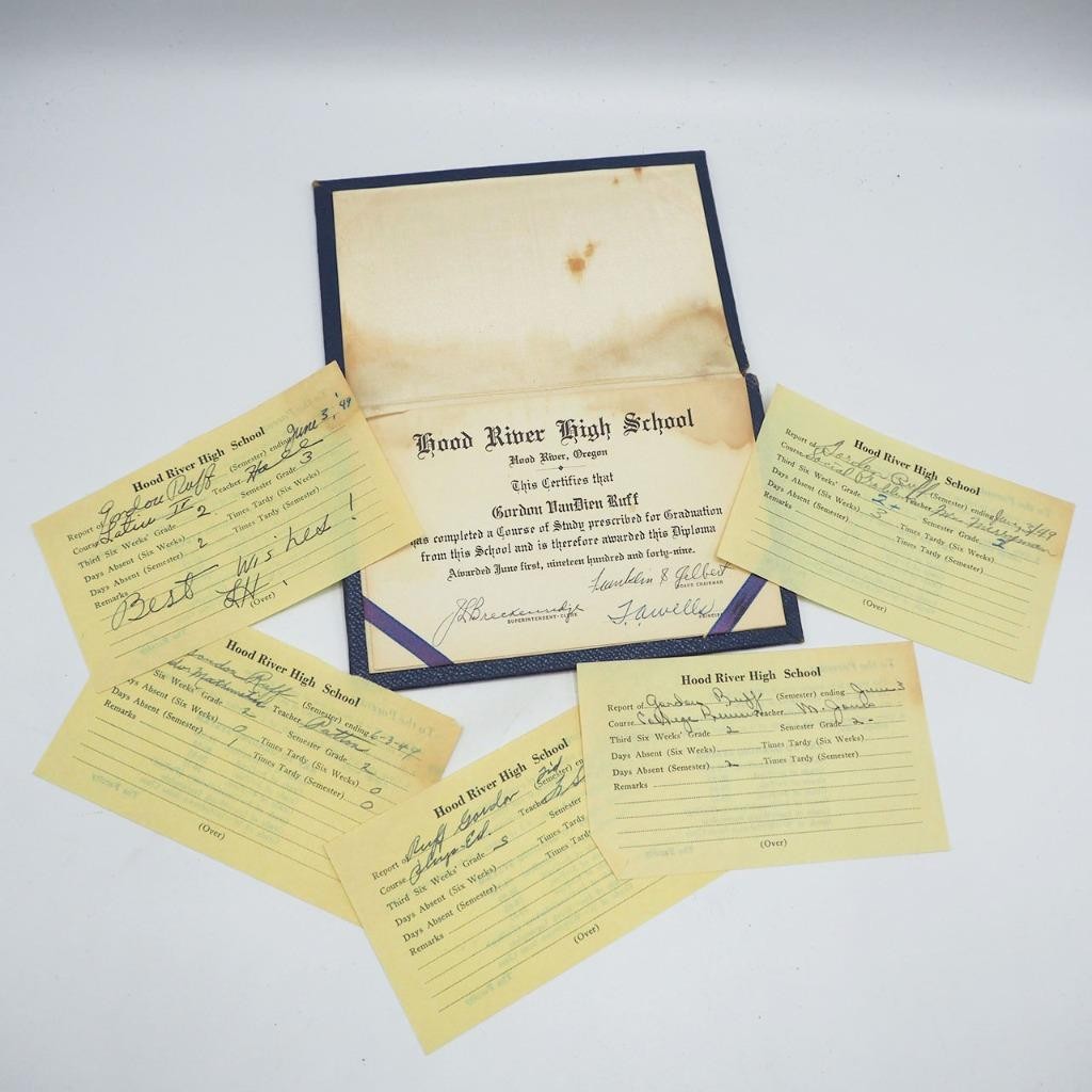 Hood River High School Oregon Lot of Diploma & Report Cards 1940\'s