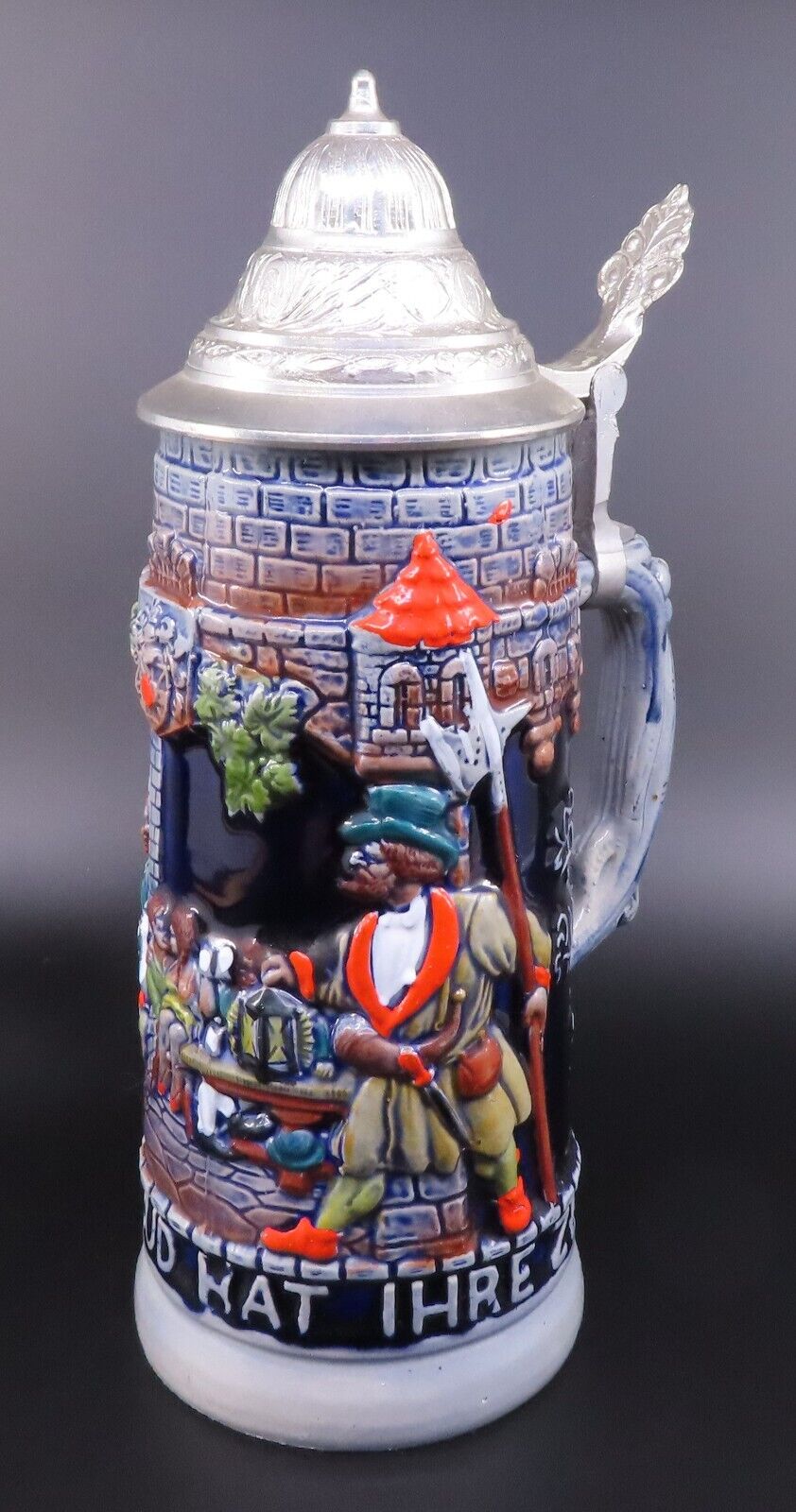 German Auch Die Freud Hat Ihre Zeit Medieval Art Beer Stein Working Lid