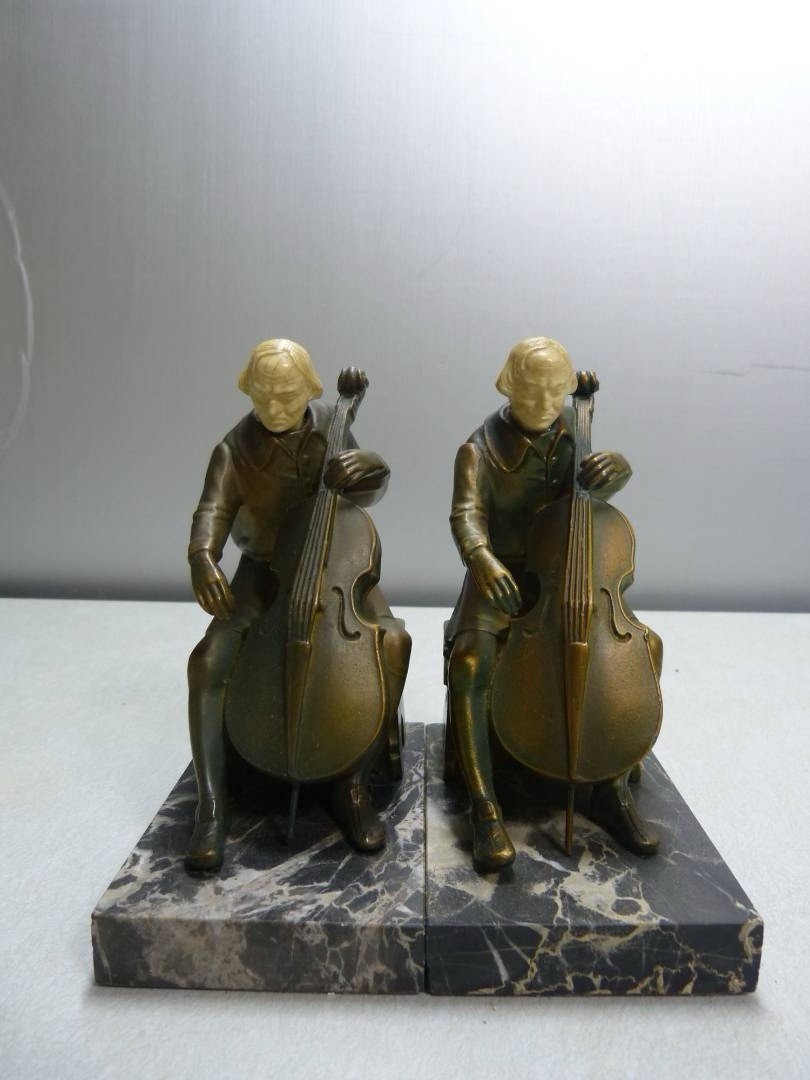 Rare 1932 J.B. Hirsch Bronze Cellist Bookends John Ruhl Ivorine Head Marble Base