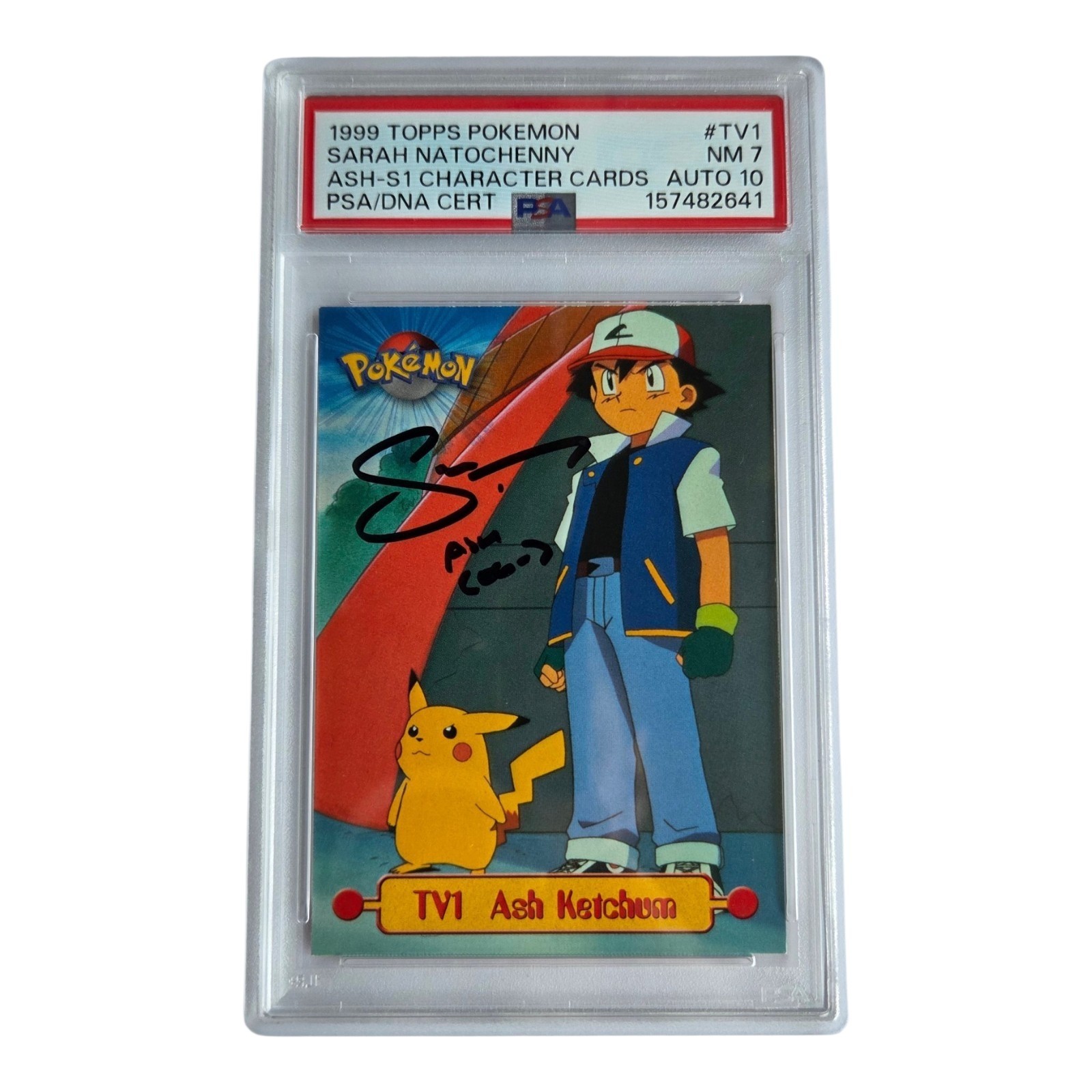 1999 Topps Pokemon Ash Ketchum TV1 Sarah Natochenny Signed PSA 7 Auto 10