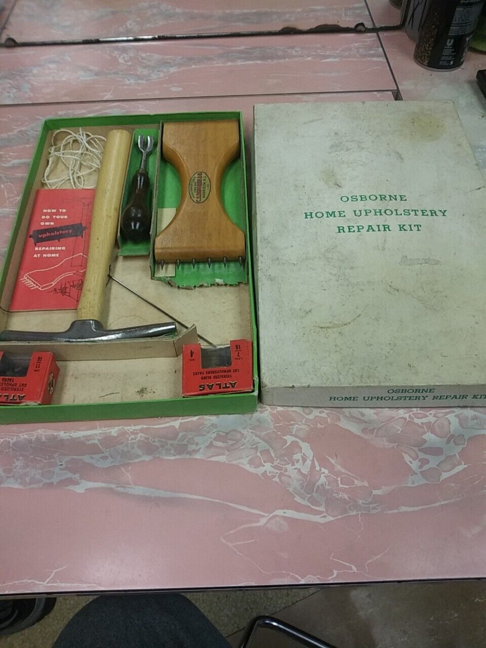 Vintage C.S. Osborne Home Upholstery Repair Kit w/Box Tack Hammer Tools 
