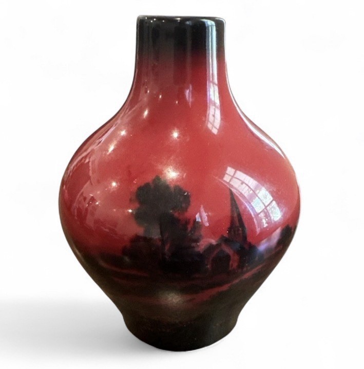 Vintage Royal Doulton Flambe Veined Art Pottery Vase 6” Red Mottled Glaze Shape